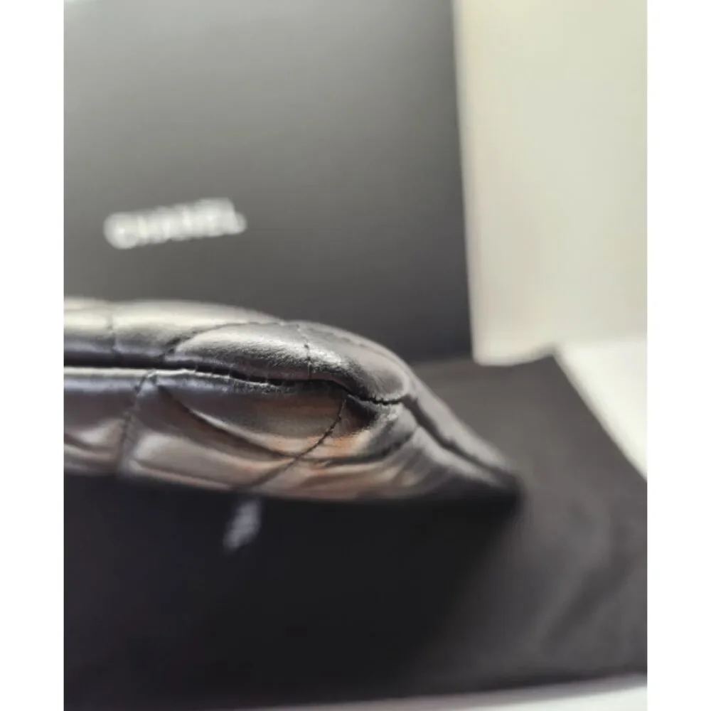 CHANEL Camellia Bow Quilted Lambskin Clutch Black Ivory Coco Mark Full Set